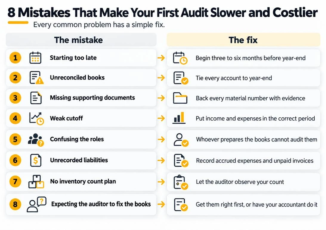 8 Mistakes That Make Your First Audit Slower and Costlier Eight mistakes that make your first audit slower and costlier, each with its fix: starting too late, so begin three to six months before year-end; unreconciled books, so tie every account to year-end; missing supporting documents, so back every material number with evidence; weak cutoff, so put income and expenses in the correct period; confusing the roles, because whoever prepares the books cannot audit them; unrecorded liabilities, so record accrued expenses and unpaid invoices; no inventory count plan, so let the auditor observe your count; expecting the auditor to fix the books, so get them right first or have your accountant do it