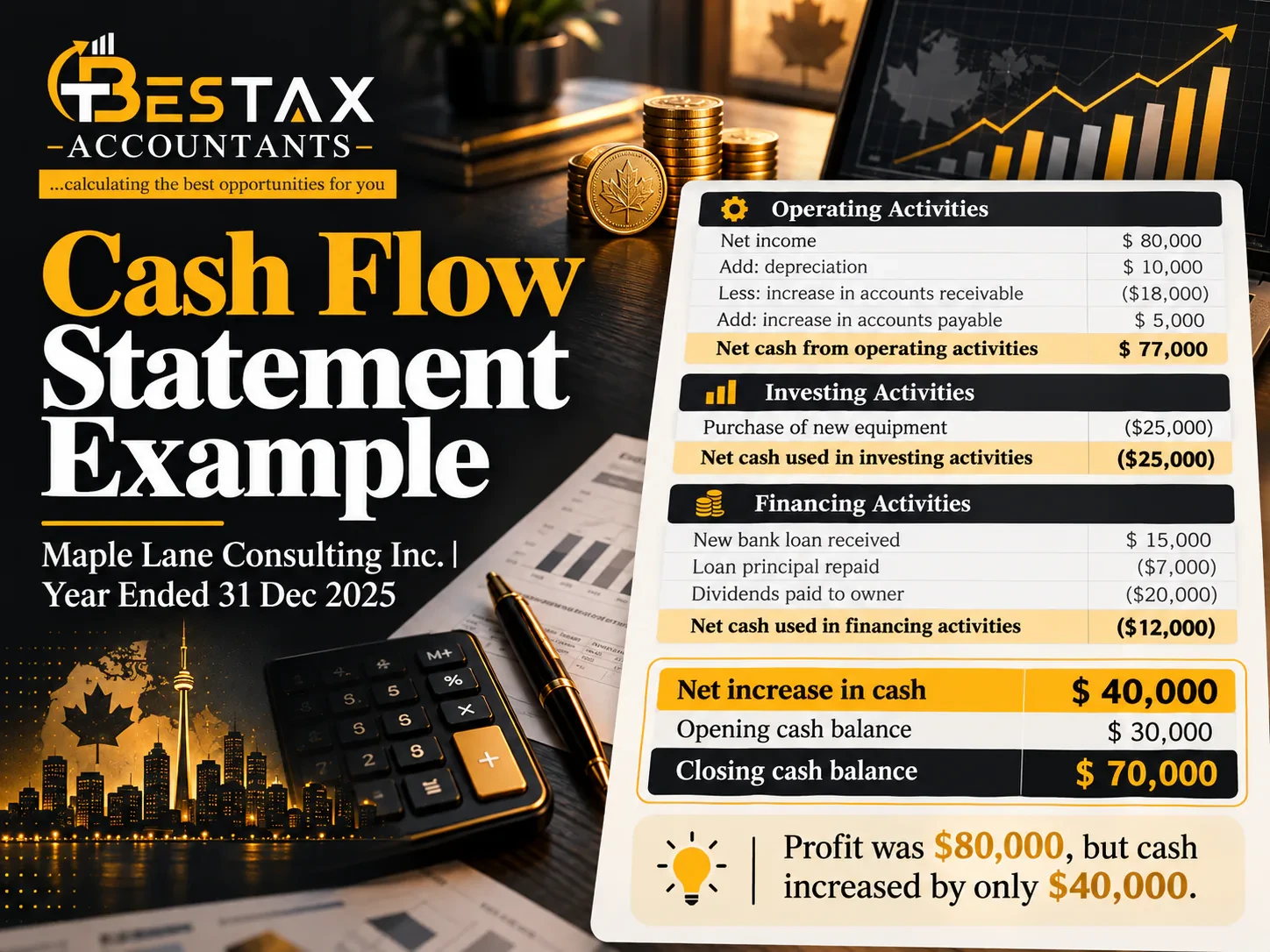 Cash flow statement example for Maple Lane Consulting Inc. for the year ended December 31, 2025: net cash from operating activities of $77,000, net cash used in investing activities of $25,000, net cash used in financing activities of $12,000, a net increase in cash of $40,000 and a closing cash balance of $70,000. Profit was $80,000, but cash increased by only $40,000