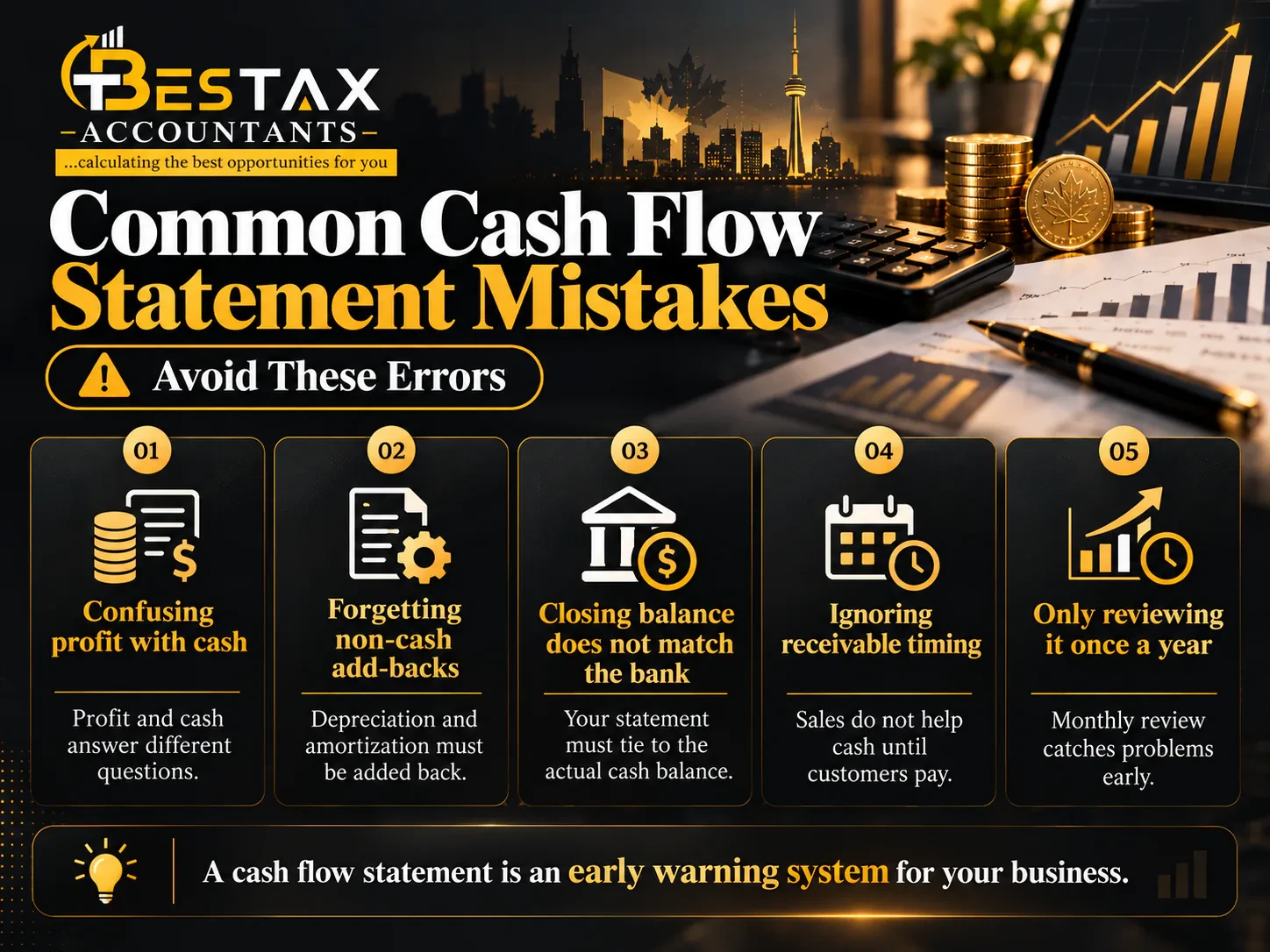 Common cash flow statement mistakes to avoid: confusing profit with cash, forgetting non-cash add-backs such as depreciation and amortization, a closing balance that does not match the bank, ignoring the timing of receivables, and only reviewing the statement once a year. A cash flow statement is an early warning system for your business