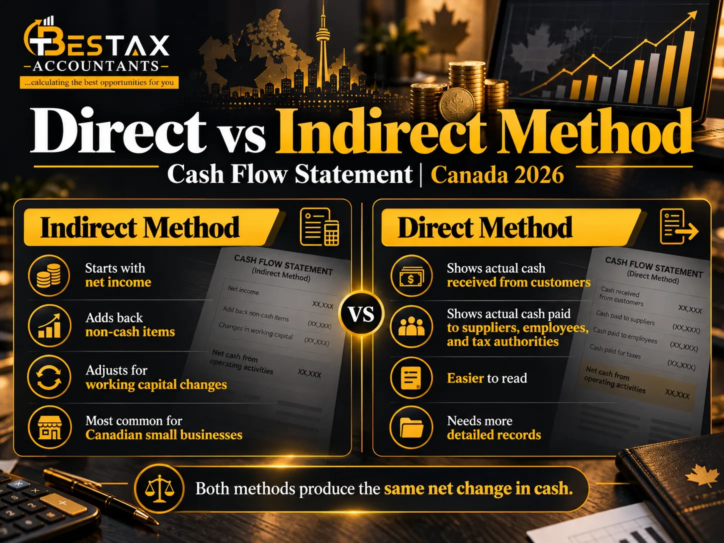 Direct vs indirect method of preparing a cash flow statement in Canada for 2026: the indirect method starts with net income, adds back non-cash items, adjusts for working capital changes and is the most common for Canadian small businesses; the direct method shows actual cash received from customers and paid to suppliers, employees and tax authorities, is easier to read and needs more detailed records. Both methods produce the same net change in cash
