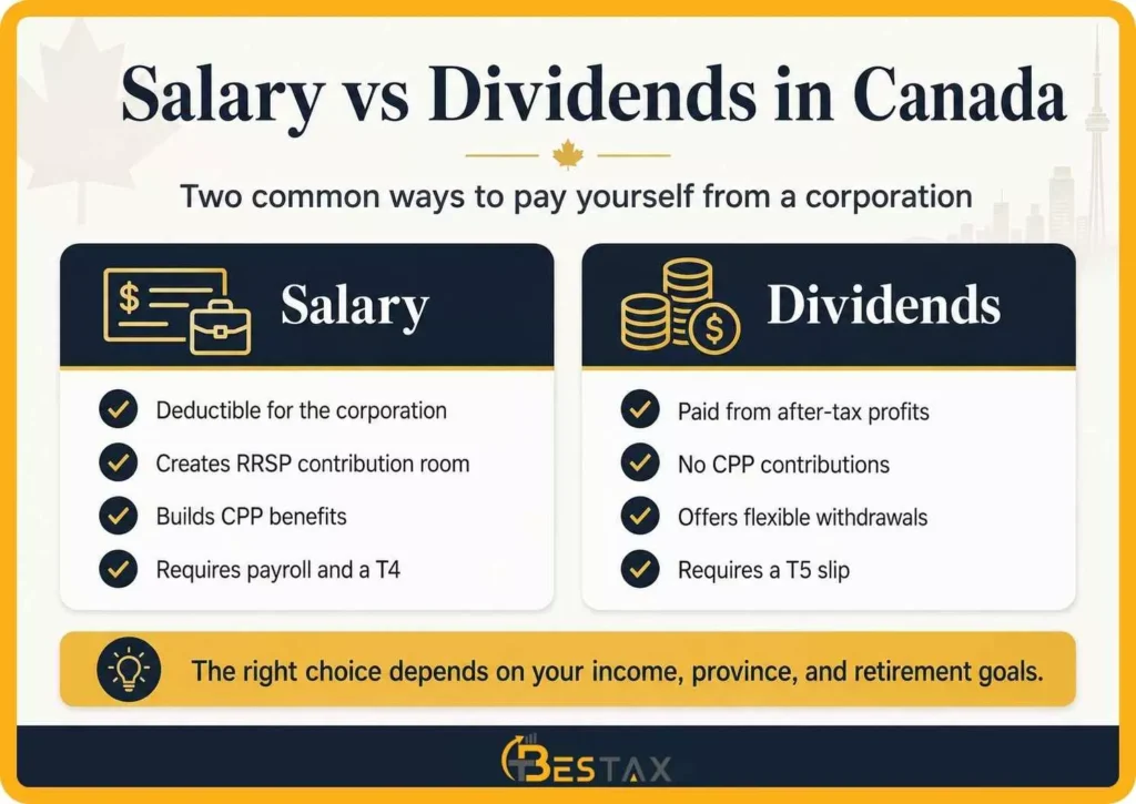 Salary vs Dividends in Canada (2026): How to Pay Yourself From Your Corporation and Pay Less Tax 1 Salary vs Dividends in Canada Comparison